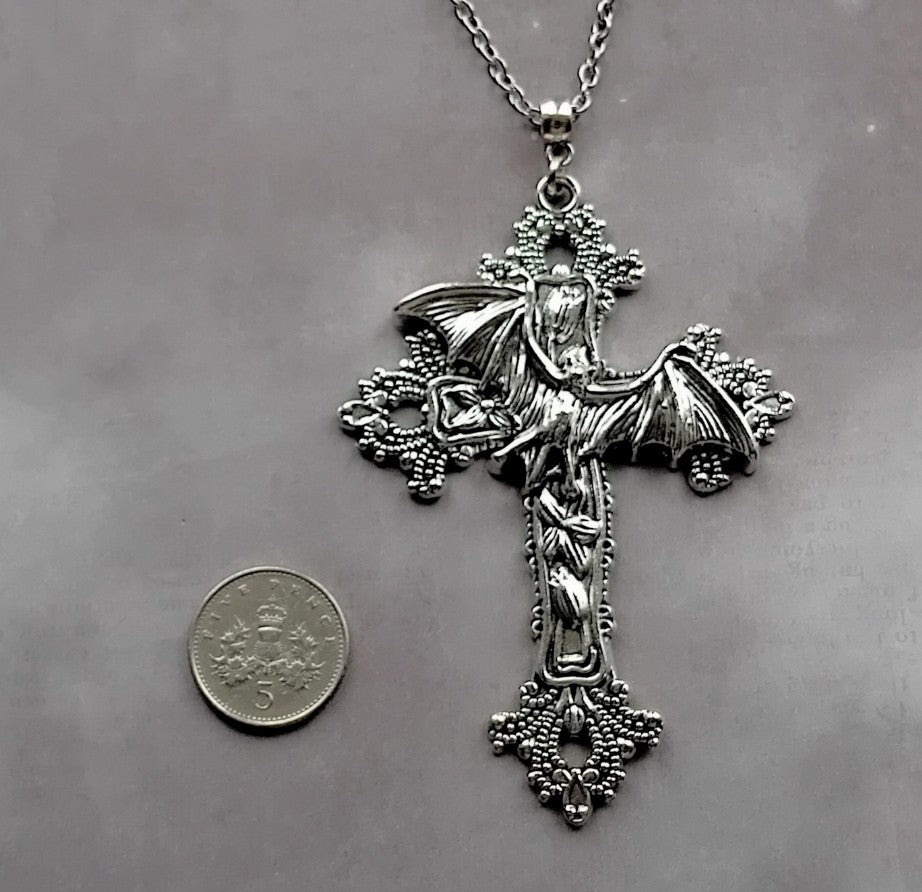 Flying Bat on Cross Necklace