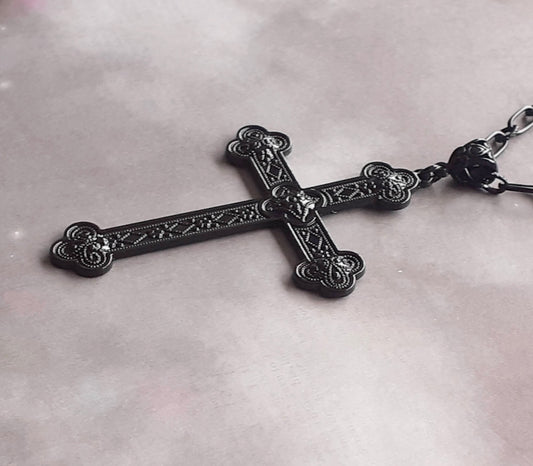 Large Black Patterned Cross Necklace