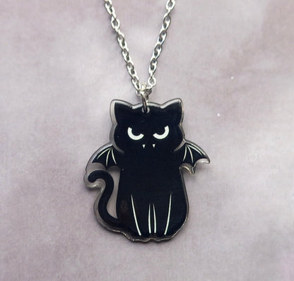 Angry Black Bat Cat Necklace