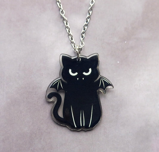 Angry Black Bat Cat Necklace