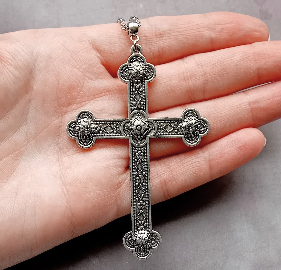 Large Patterned Silver Tone Cross