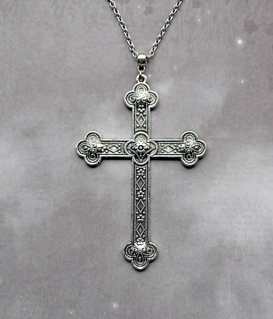 Large Patterned Silver Tone Cross