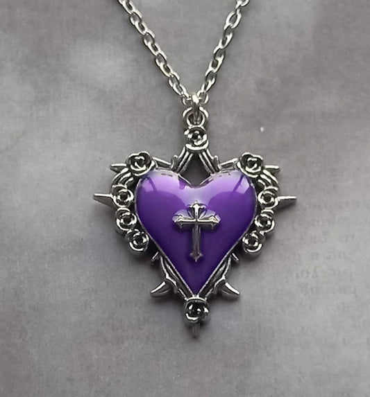 Purple Heart with Cross Necklace