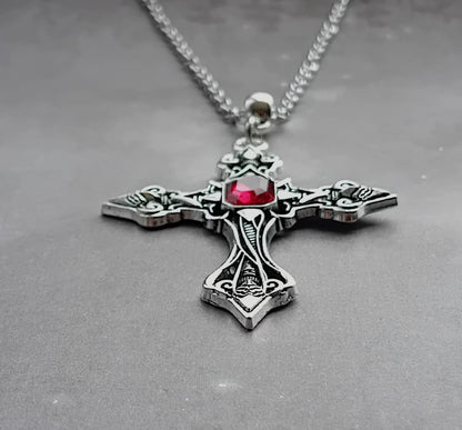 Patterned Cross Necklace with Red Stone