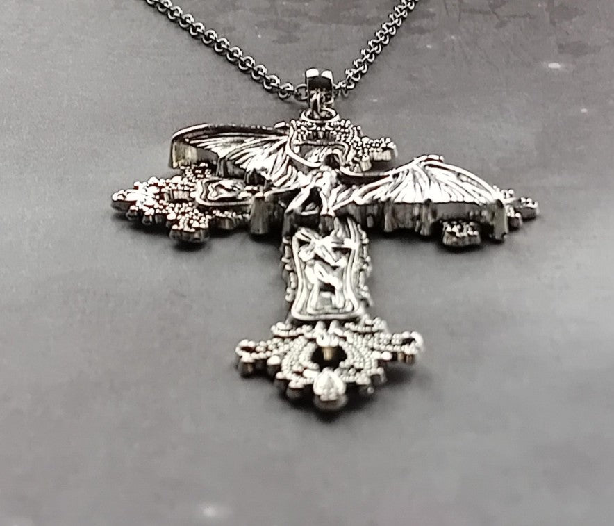 Flying Bat on Cross Necklace