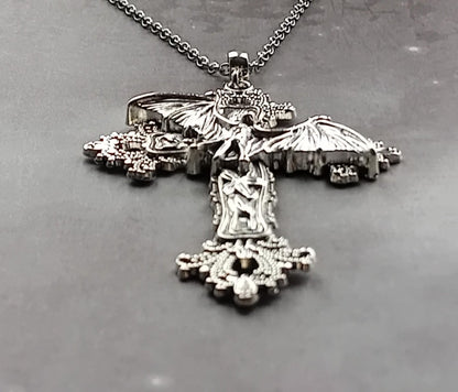 Flying Bat on Cross Necklace
