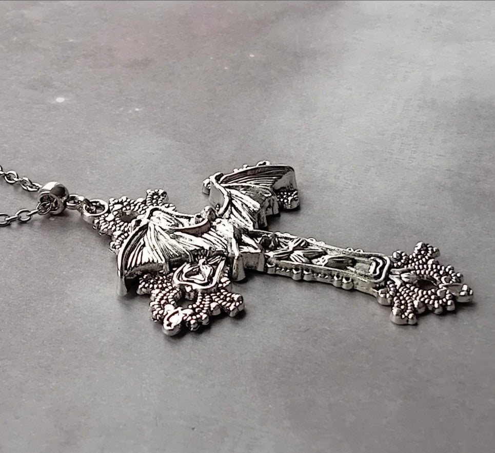 Flying Bat on Cross Necklace