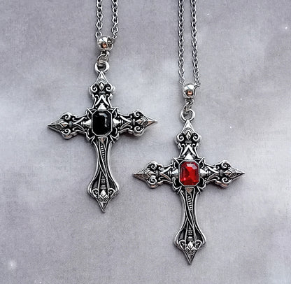 Patterned Cross Necklace with Black Stone