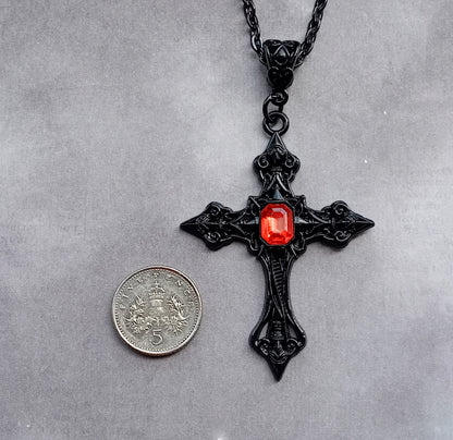 Black Patterned Cross with Red Stone