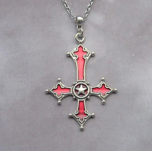 Red Inverted Cross Necklace