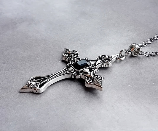 Patterned Cross Necklace with Black Stone