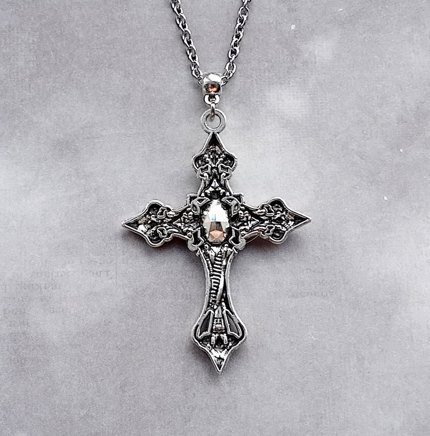 Patterned Cross Necklace with Red Stone
