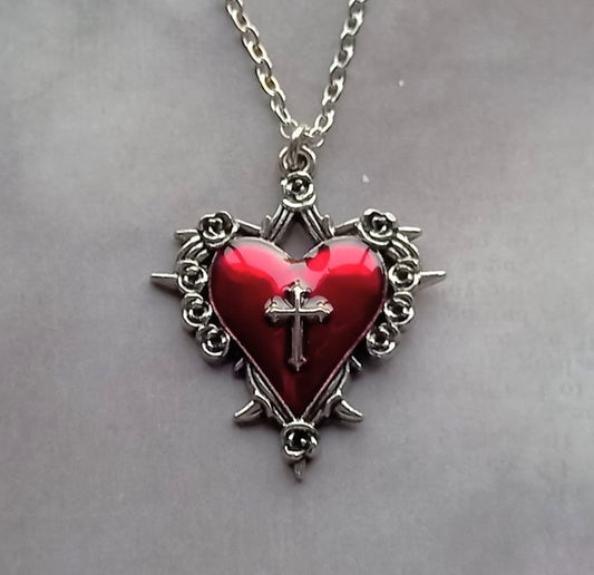 Red Heart with Cross Necklace