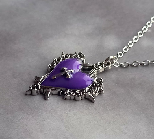 Purple Heart with Cross Necklace