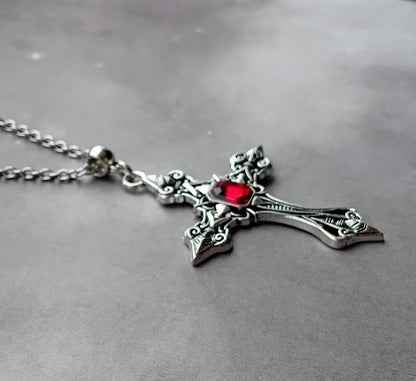 Patterned Cross Necklace with Red Stone