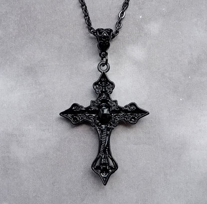 Black Patterned Cross with Red Stone