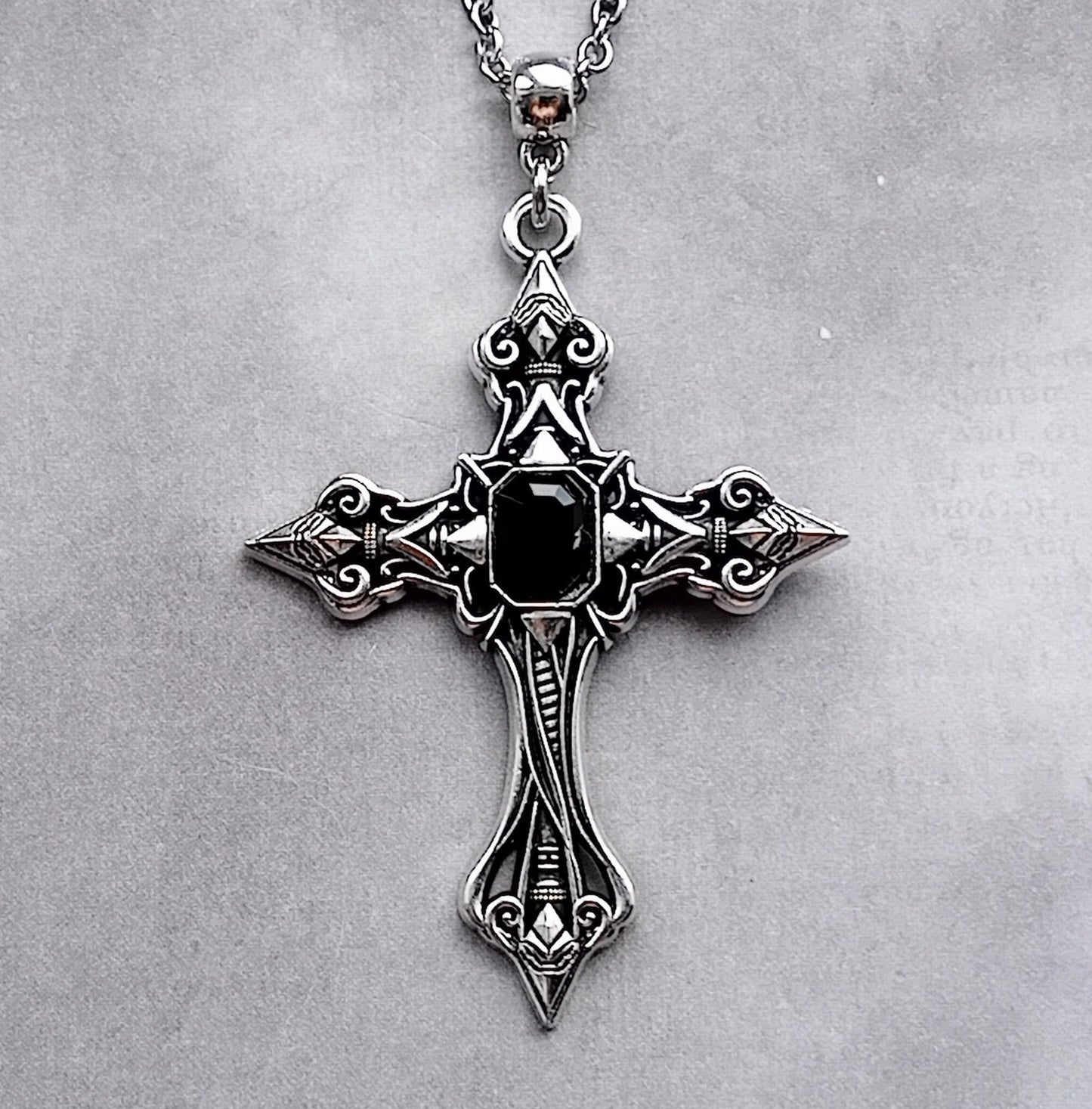 Patterned Cross Necklace with Black Stone