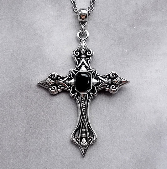 Patterned Cross Necklace with Black Stone