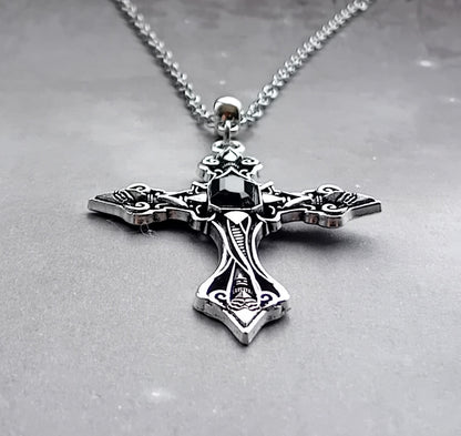 Patterned Cross Necklace with Black Stone