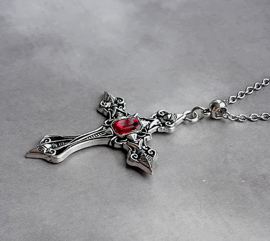 Patterned Cross Necklace with Red Stone