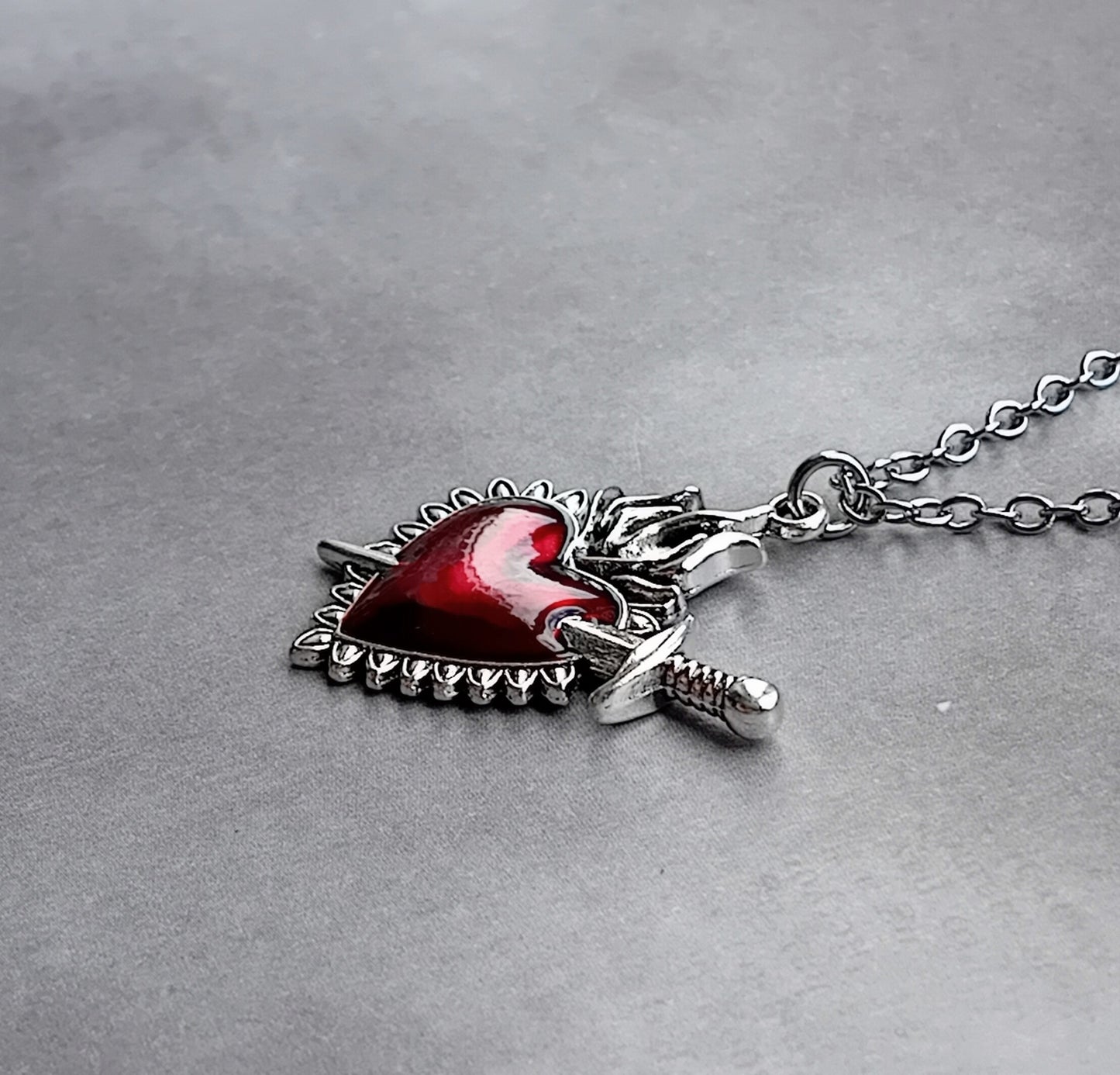 Red Sacred Heart and Sword Necklace