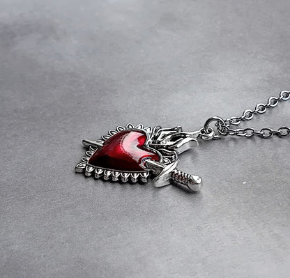 Red Sacred Heart and Sword Necklace
