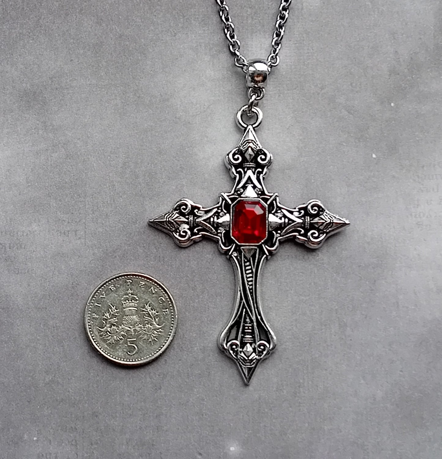 Patterned Cross Necklace with Red Stone