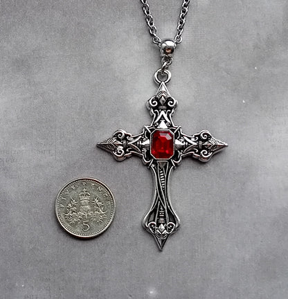 Patterned Cross Necklace with Red Stone