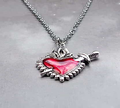 Red Sacred Heart and Sword Necklace