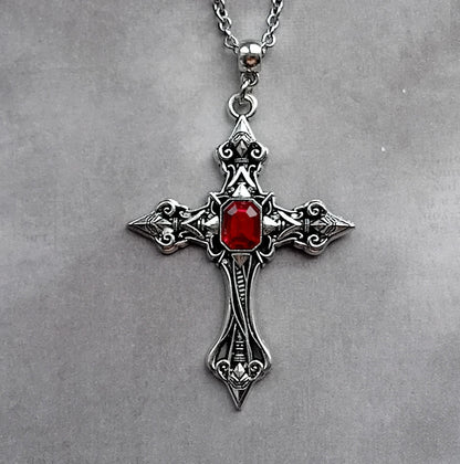 Patterned Cross Necklace with Red Stone