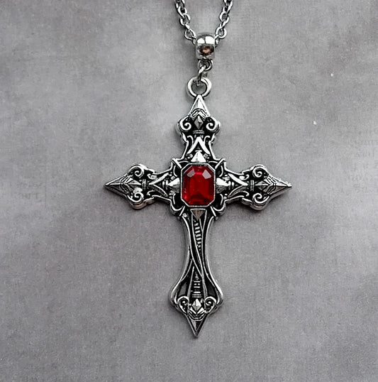 Patterned Cross Necklace with Red Stone
