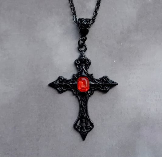 Black Patterned Cross with Red Stone