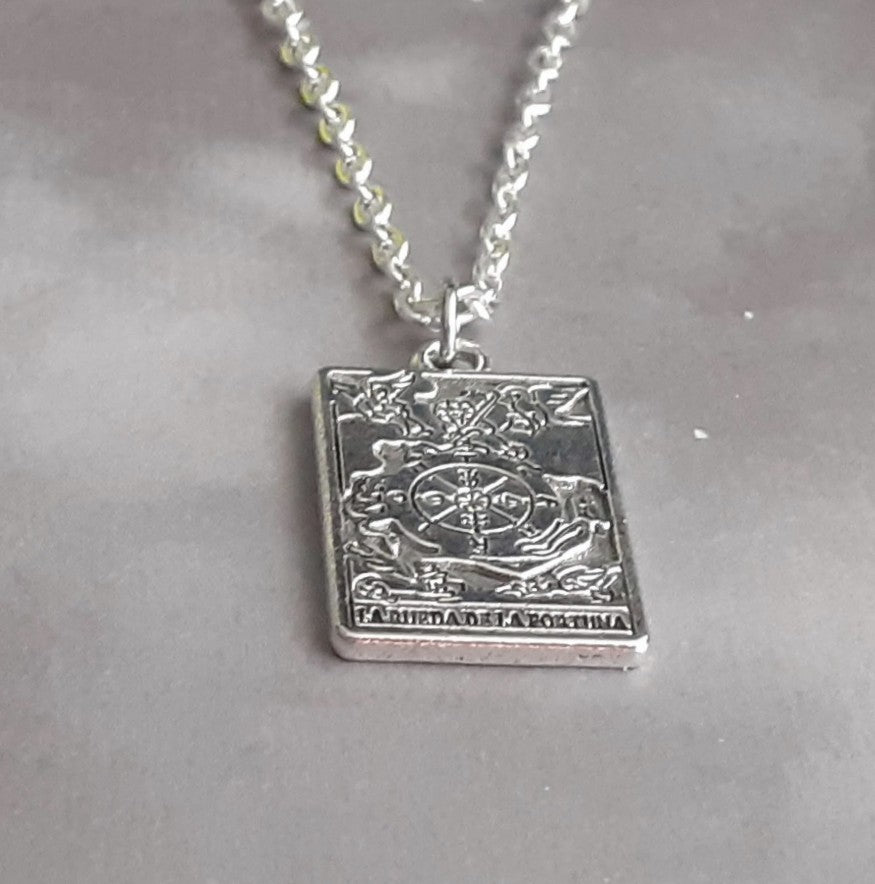 Wheel of Fortune Metal Tarot Card Necklace
