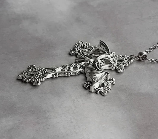 Flying Bat on Cross Necklace