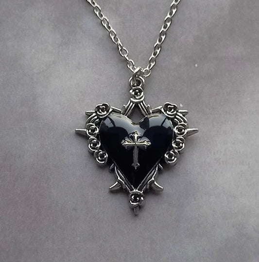 Black Heart with Cross Necklace