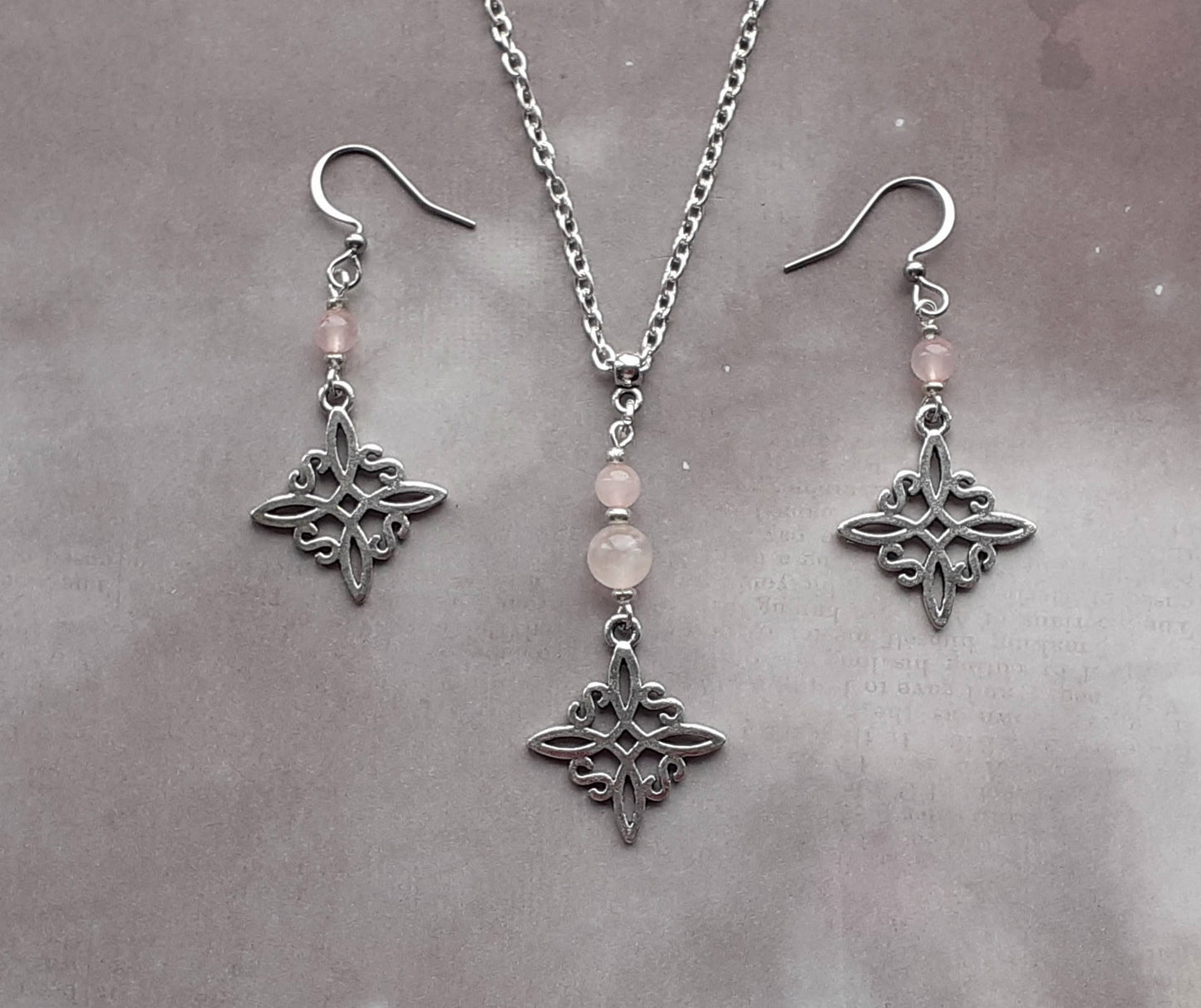 Rose Quartz Witch's Knot Necklace and Earrings