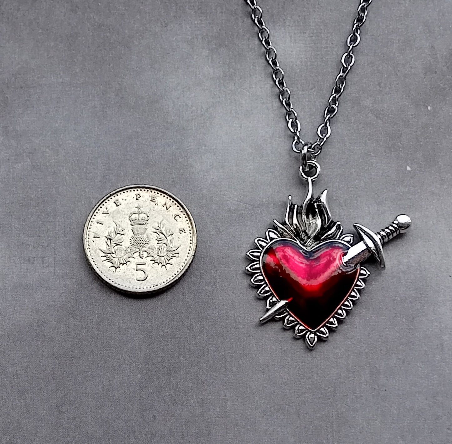 Red Sacred Heart and Sword Necklace
