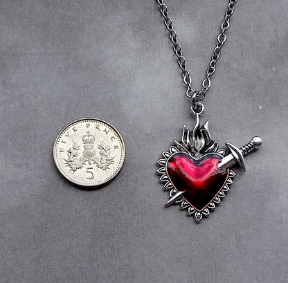 Red Sacred Heart and Sword Necklace
