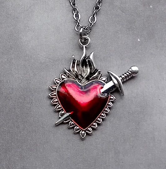 Red Sacred Heart and Sword Necklace