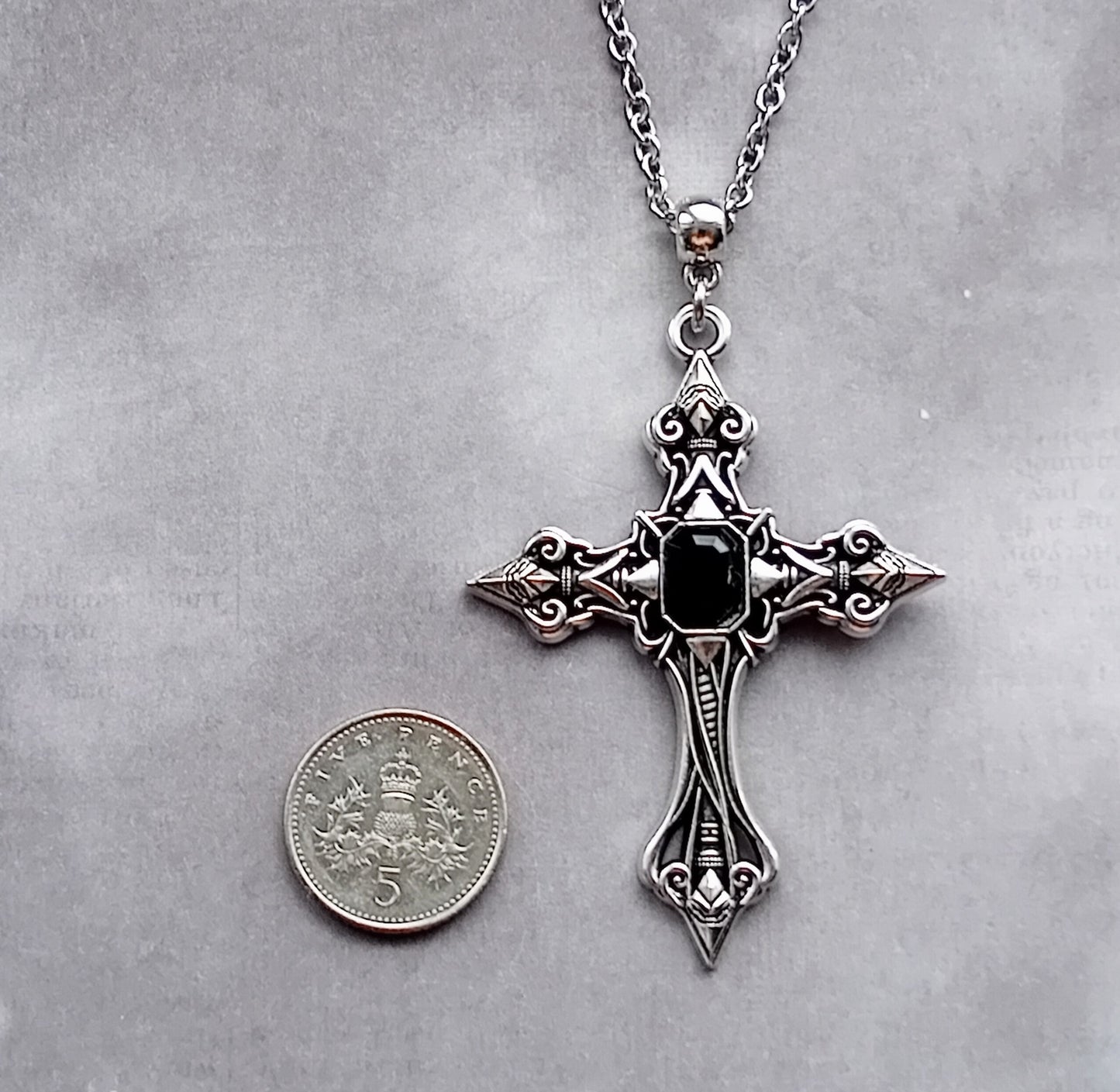 Patterned Cross Necklace with Black Stone