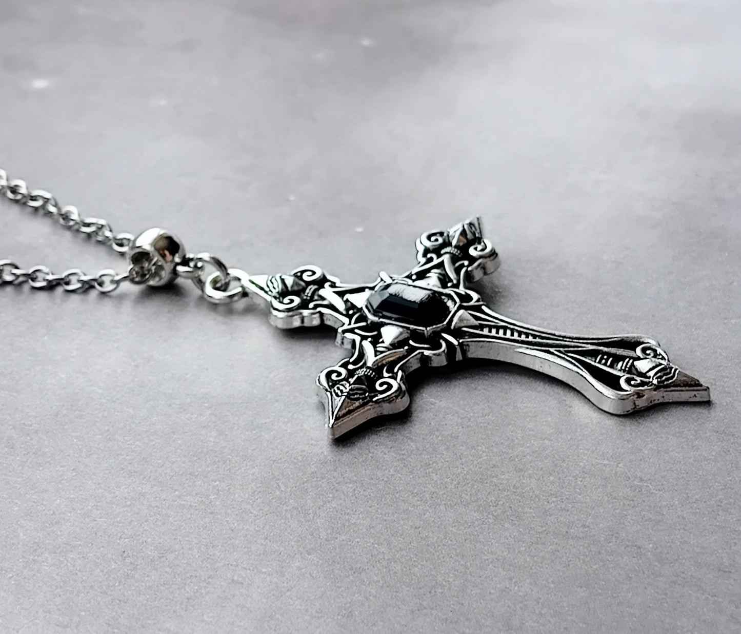 Patterned Cross Necklace with Black Stone
