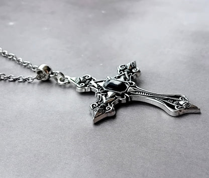 Patterned Cross Necklace with Black Stone
