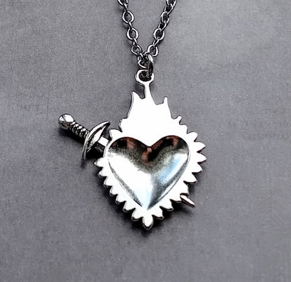 Red Sacred Heart and Sword Necklace