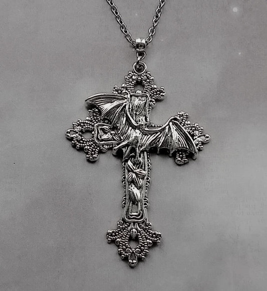 Flying Bat on Cross Necklace