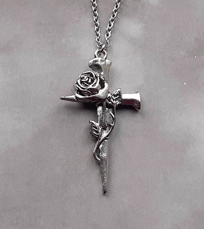 Coffin Nails Cross and Rose Necklace
