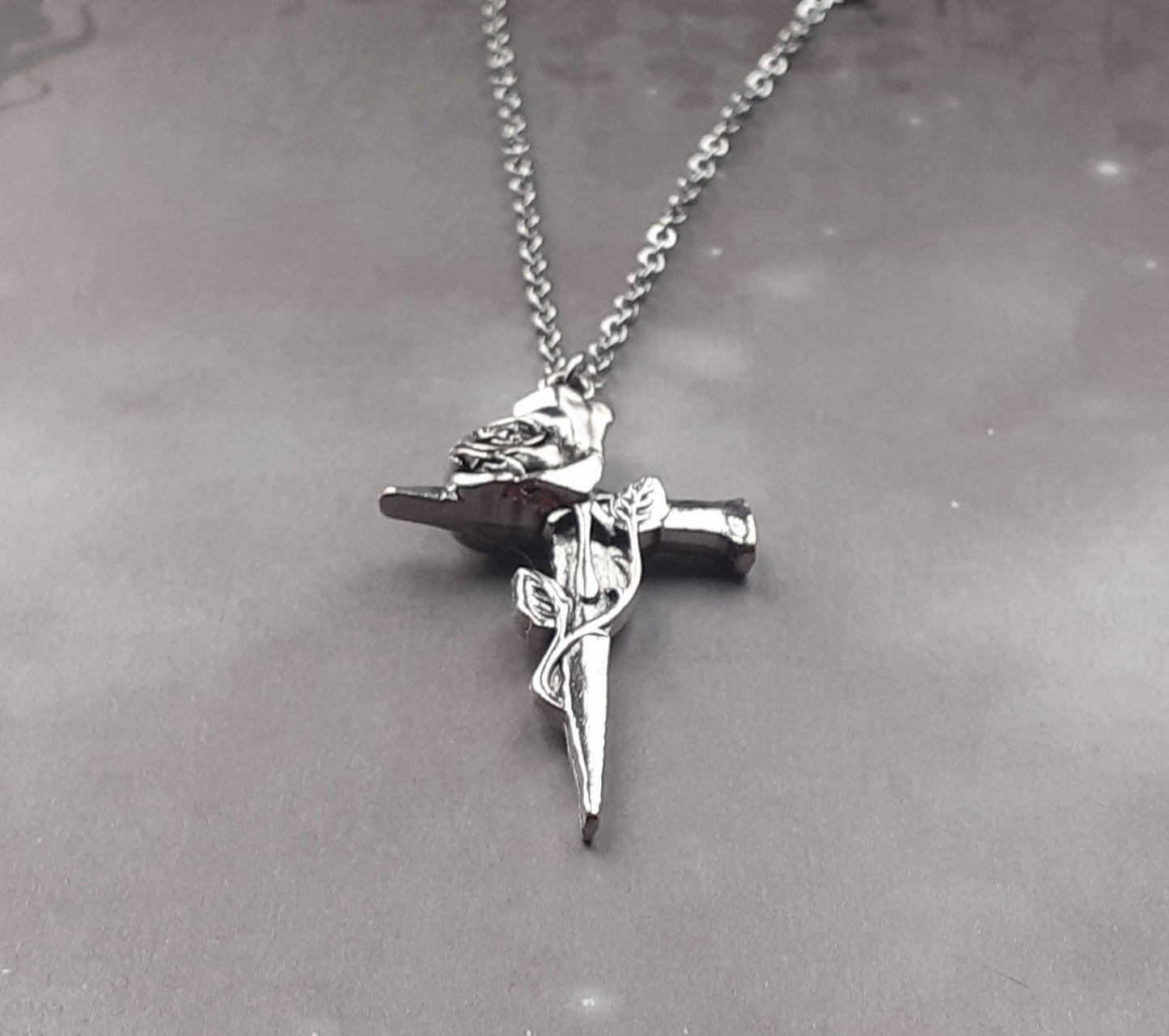 Coffin Nails Cross and Rose Necklace