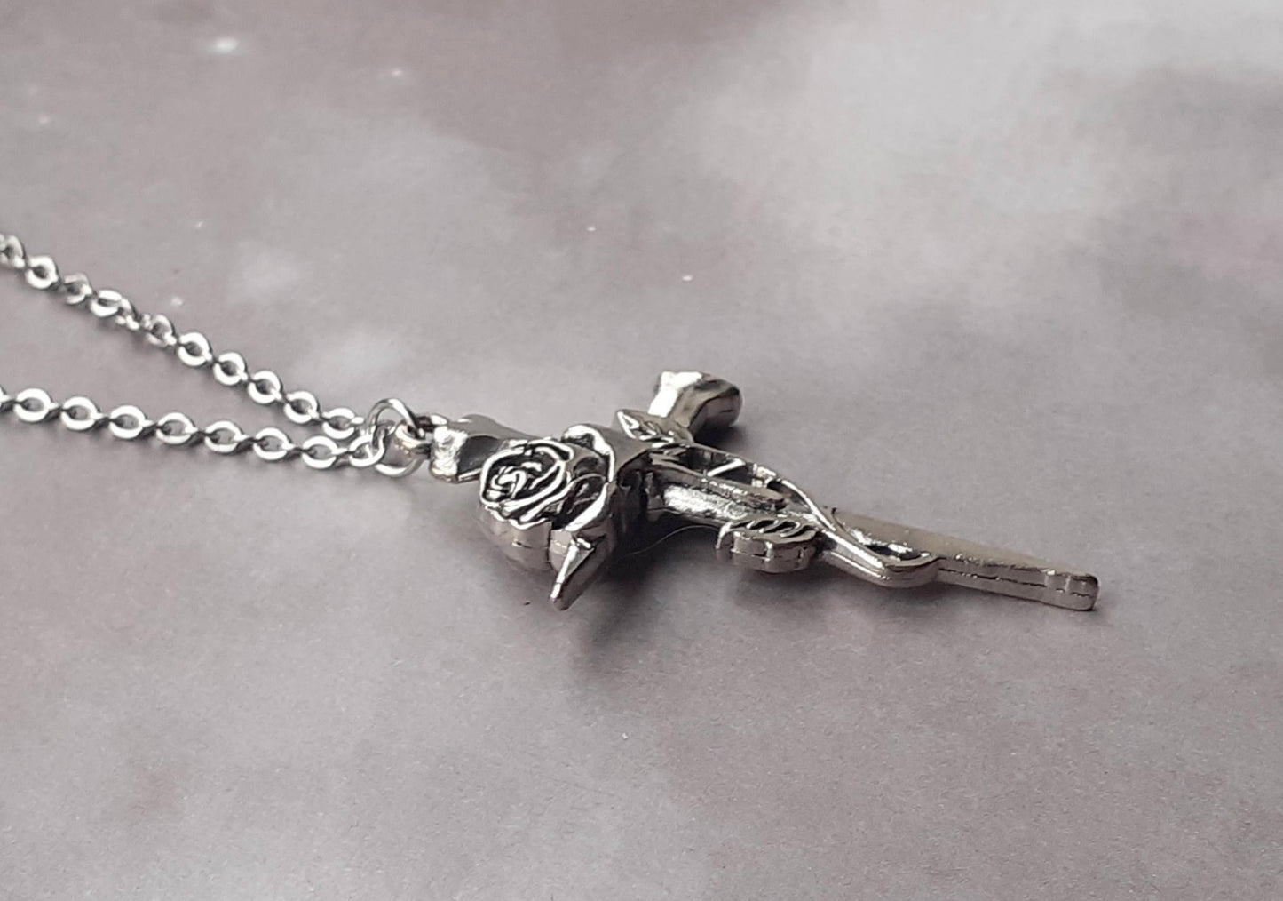 Coffin Nails Cross and Rose Necklace