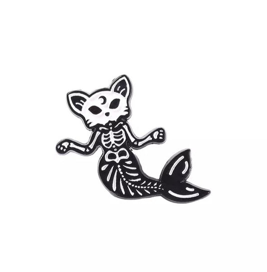 Cat Mermaid Skeleton Pin Badge