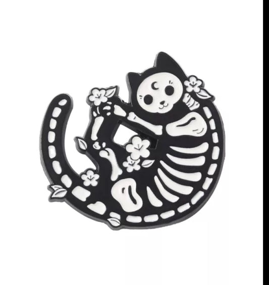 Skeleton Cat Metal Pin Badge